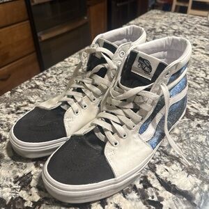Custom Vans High-Top Sneakers in Black, White, and Blue Galaxy Design